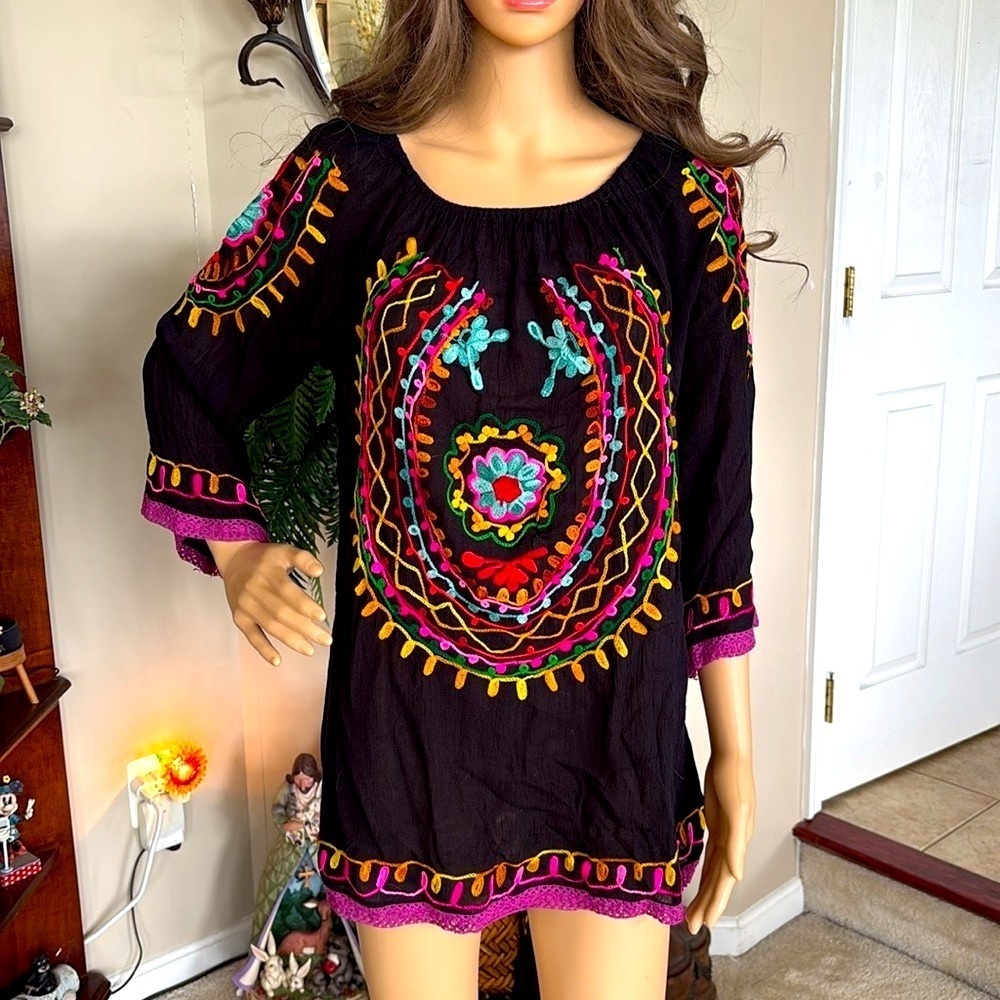 Brand New Cute Options Black Colorful Mexican Tunic Rayon Blouse Anthropologie